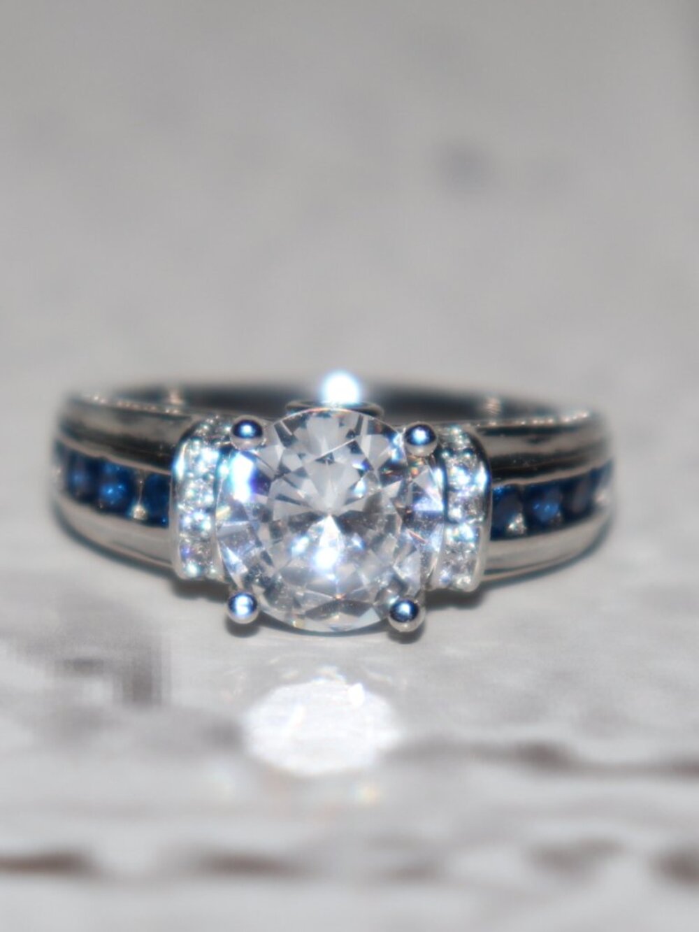 💙✨ Silver Blue & Clear Gemstone Ring · Size 9 Round center stone ·